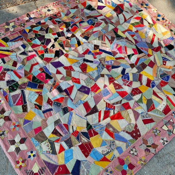 Antique Victorian Crazy Quilt Topper Embroidered 1800s 77" x 68" Silk *Fragile* - Picture 1 of 12